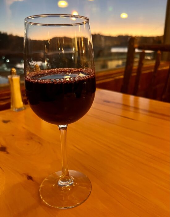 glass of wine at Ducey's on the Lake at Bass Lake California