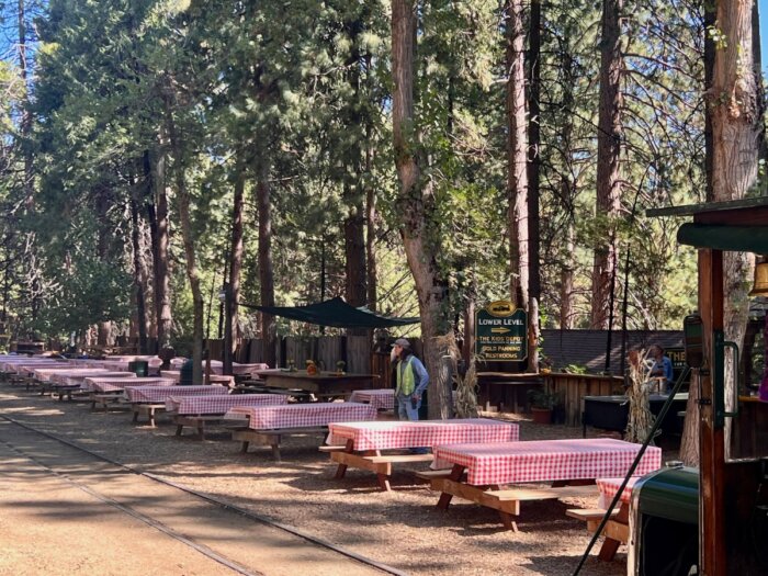 picnic tables at Yosemite Mountain Sugar Pine Railroad