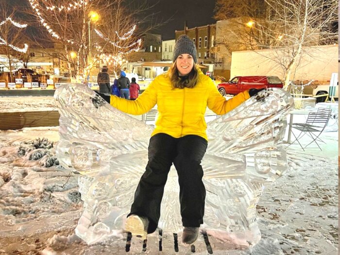 butterfly ice sculpture at Meltdown Winter Ice Festival Richmond Indiana