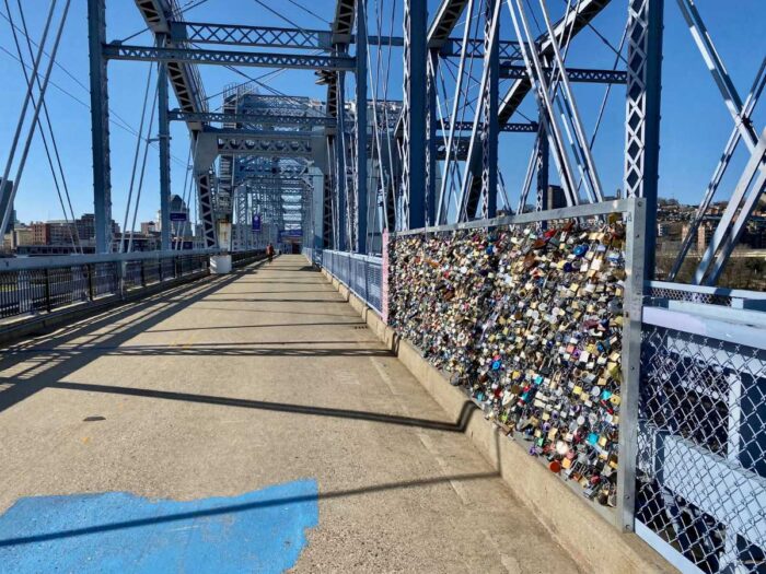 locks on the purple people bridge Newport Kentucky
