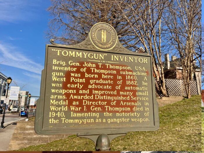 sign for the Tommygun inventor at The Thompson House Newport KY