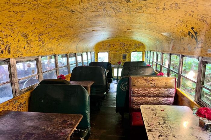 dine inside a school bus at Hillbilly Hot Dogs