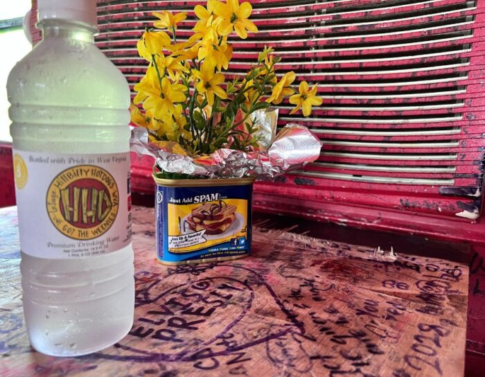 floral arrangements in SPAM can at Hilllbilly Hot Dogs 