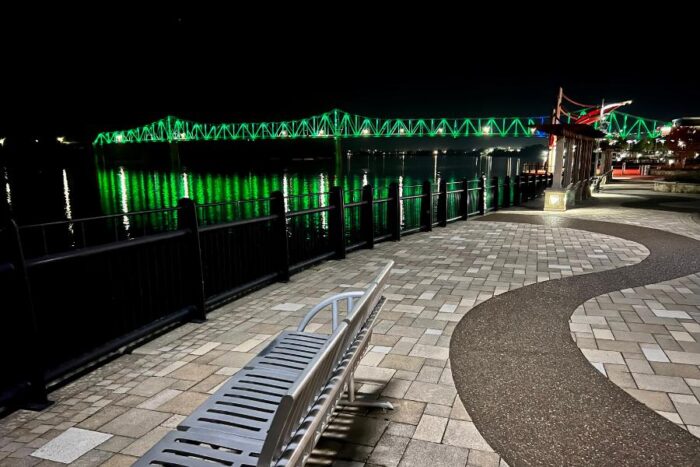 green lights on The Owensboro Bridge at night