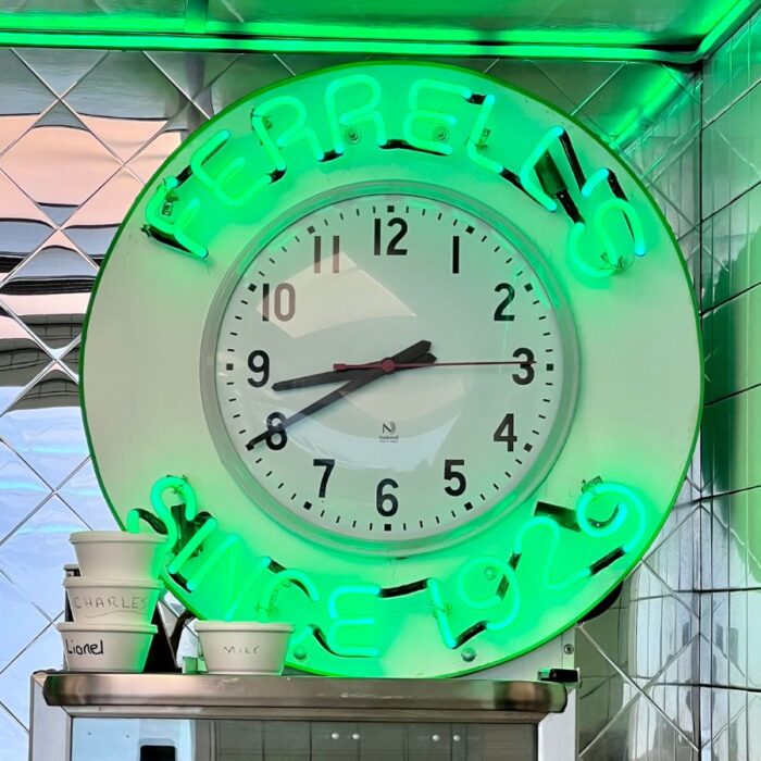 neon clock at Ferrell's Snappy Service diner in Madisonville, KY