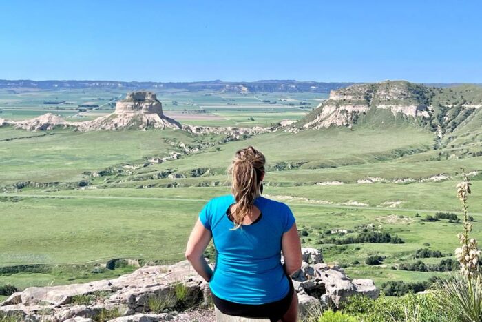 Adventure Mom at scenic overlook of Scotts Bluff National Monument