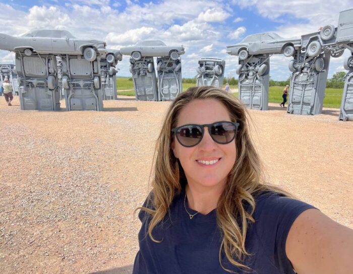 adventure mom at Carhenge in Nebraska