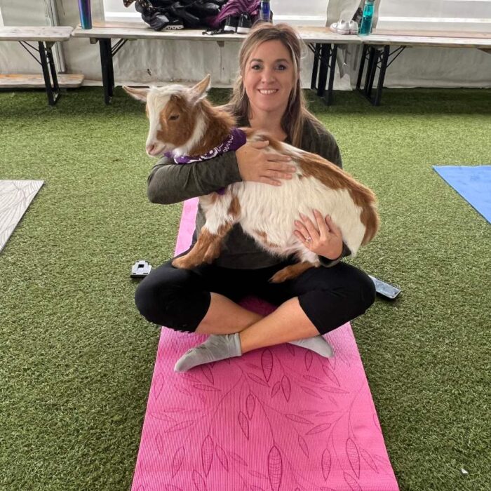 Nedra McDaniel at Goat Yoga class fifty west brewing