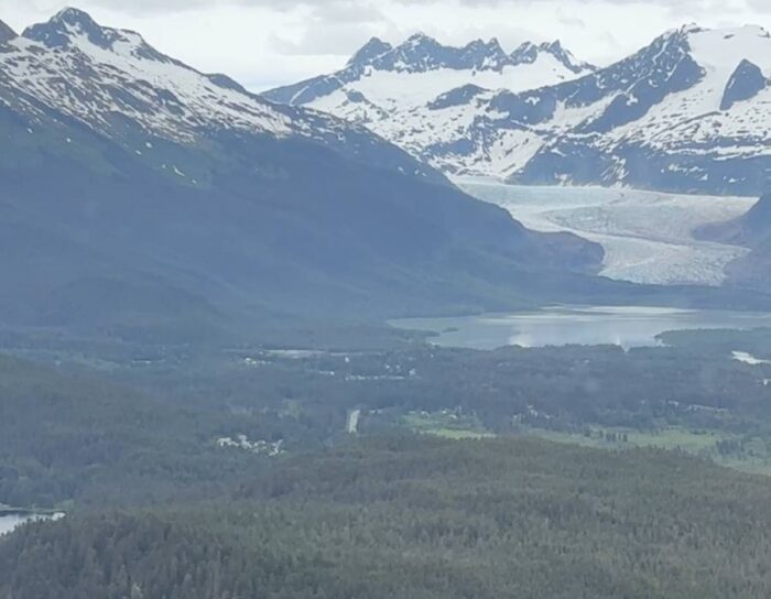 view of Herbert Glacier from helicopter in Juneau Alaska 