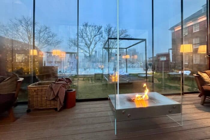 indoor fire pit at QC NY Spa