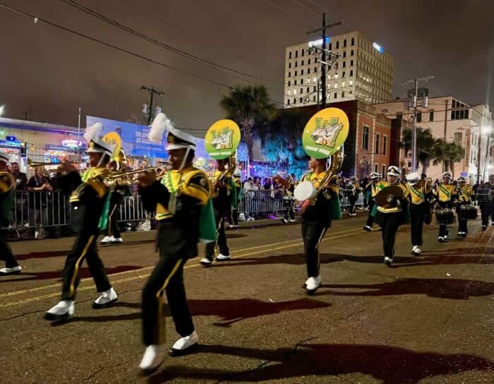 marching band in Mardi Gras parade in Lafayette LA