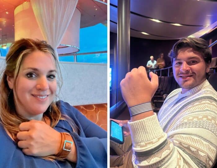 adults wearing anti nausea relief bracelet on an Alaskan cruise