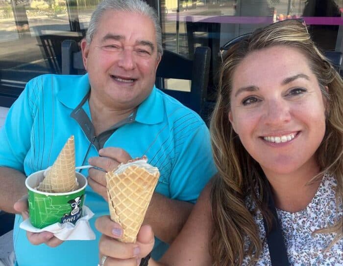 father and daughter with ice cream at the Ice Shanty