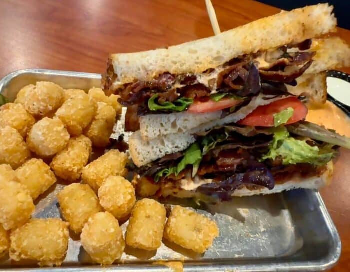 sandwich and tater tots at Miami River Brewhouse  Kings Island