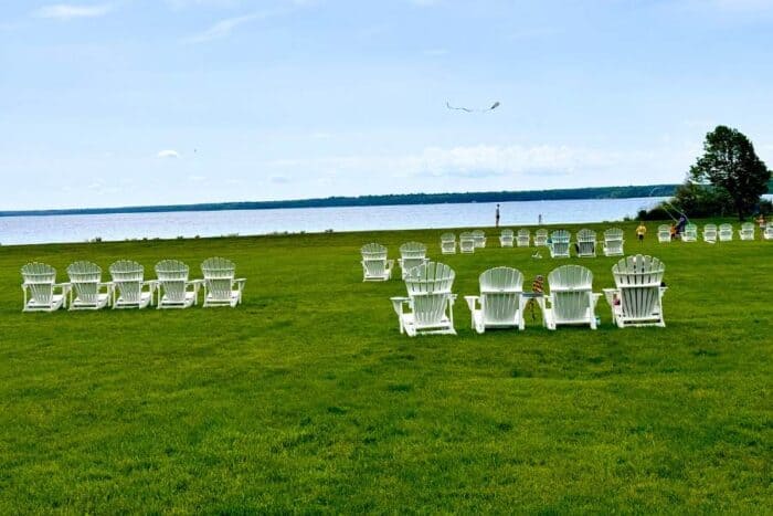 Adirondack chairs near Mission Point on Mackinac Island