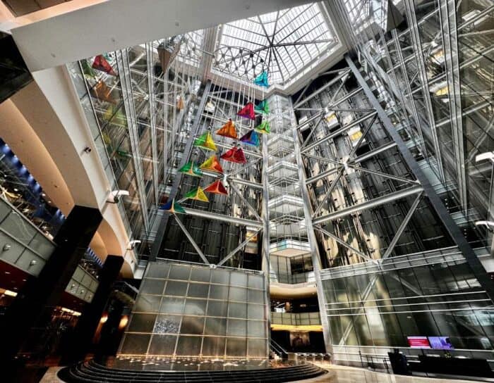 indoor waterfall One Campus Martius Building in Detroit Michigan