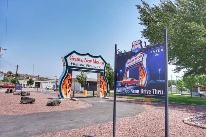 neon Route 66 drive-thru sign Grants New Mexico