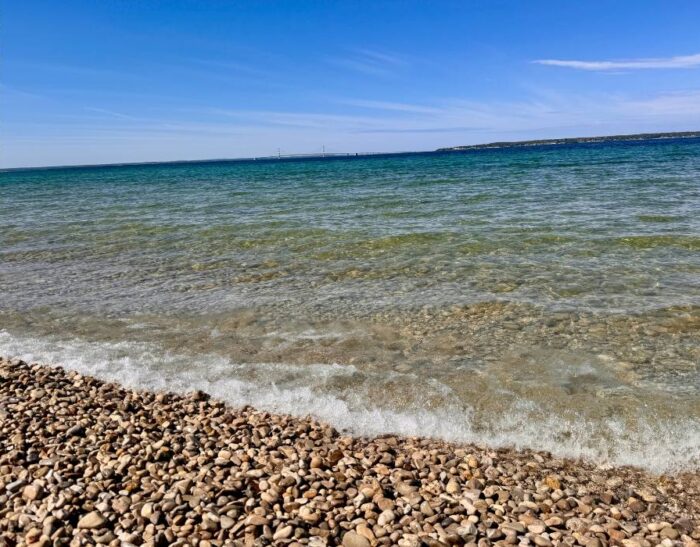 view of Mackinac Bridge from Mackinac Island