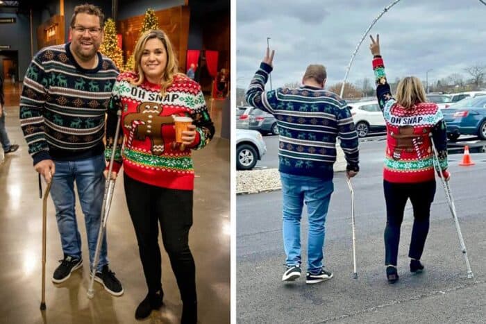 couple on crutches and cane