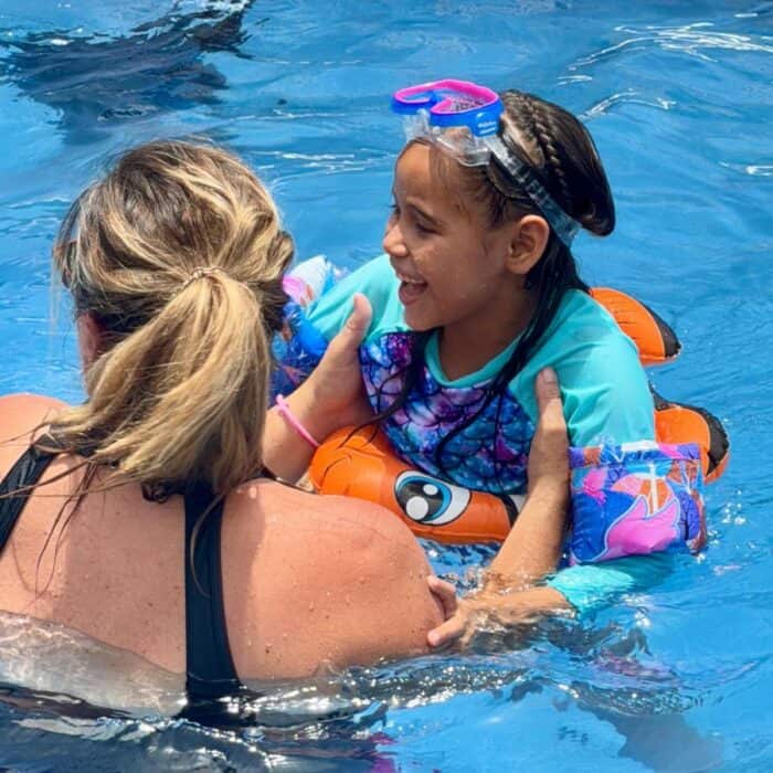 swimming with little girl