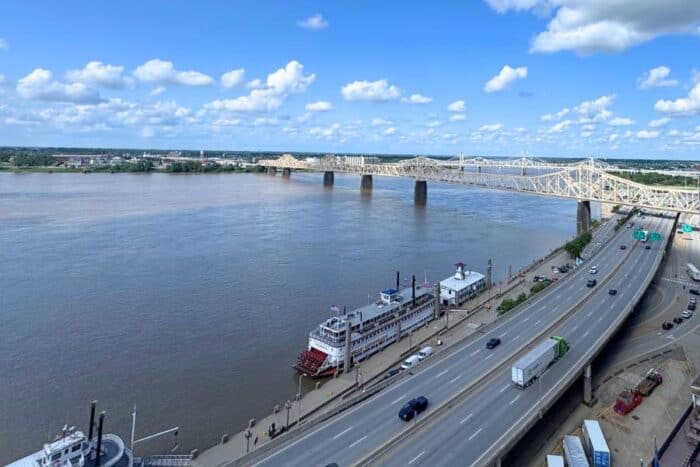 balcony view from The Galt House Hotel in Louisville KY