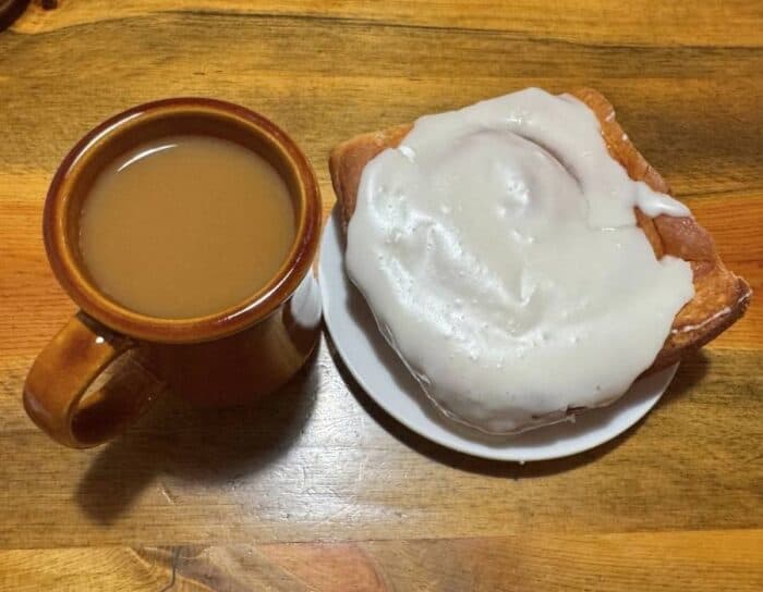 coffee and cinnamon roll Notchtop Bakery and Cafe Estes Park CO