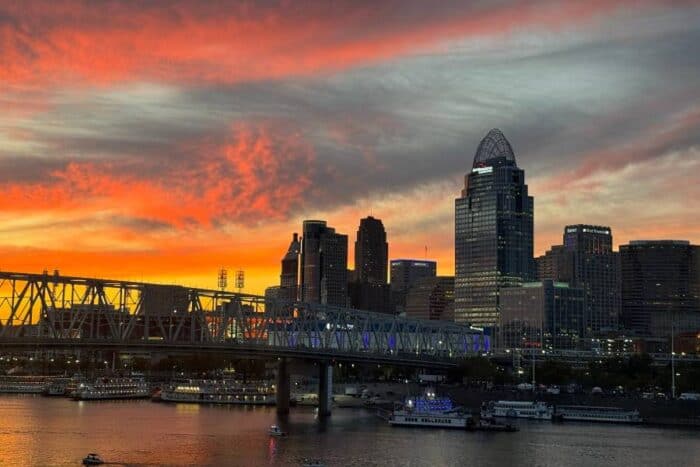 Cincinnati skyline at sunset from PAR 3 at Newport on the Levee