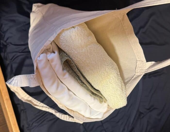 bedding and towels in bag at Len Foote Hike Inn in Georgia