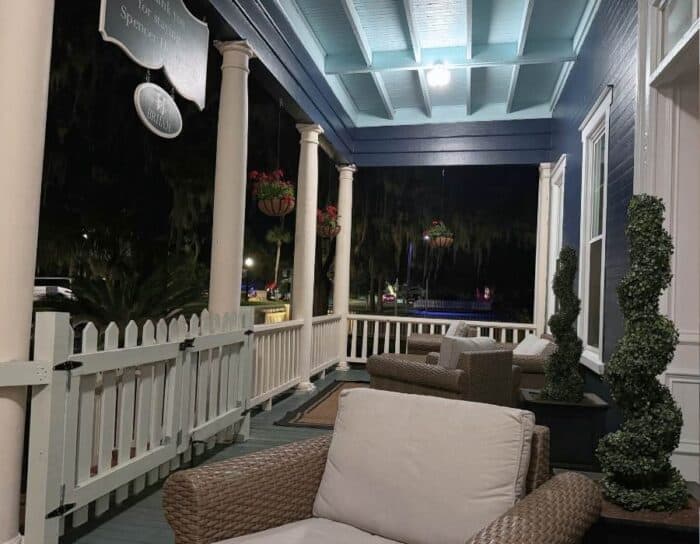 porch at Spencer House Inn at night St. Marys, GA