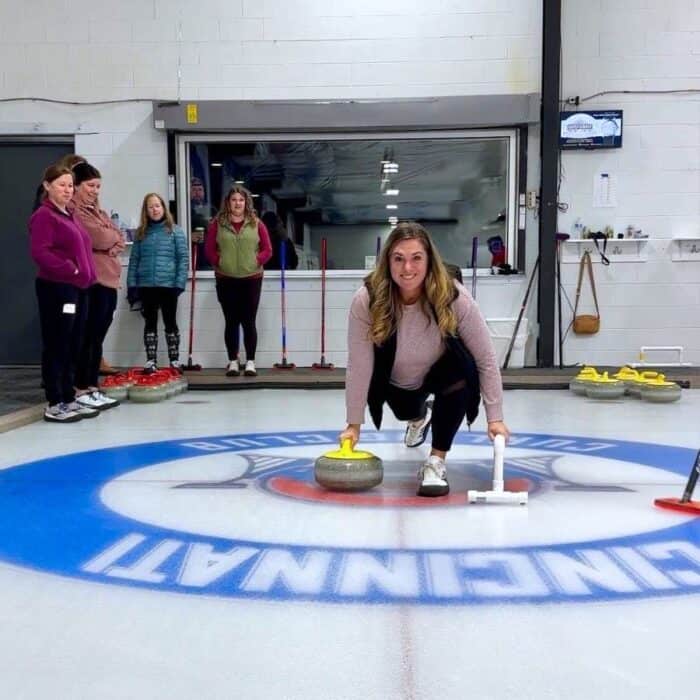 intro to curling class woman at Learn to Curl class with Cincinnati Curling Club