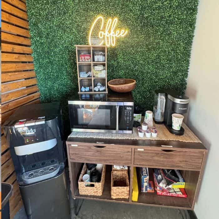 Coffee and water station at SoLSTAY Lodging and Marina in Sandusky, OH