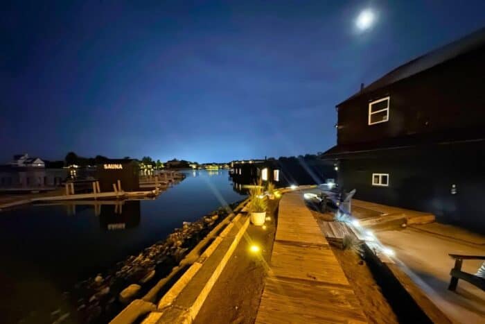 SoLSTAY Lodging and Marina at night in Sandusky, OH